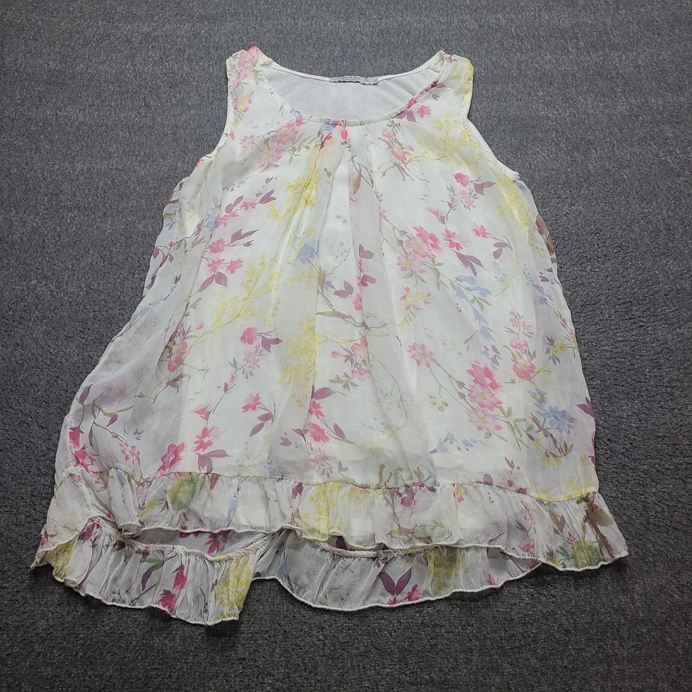 Tendenze Floral Silk Tunic Women L White Excellent Ruffle Hem Made in Italy‎